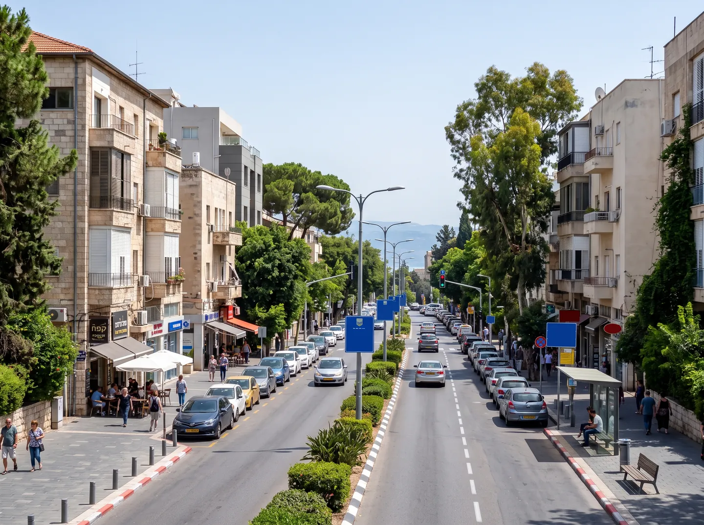 שדרות הנשיא במרכז הכרמל, חיפה, עם בתי קפה ומבט אל המפרץ